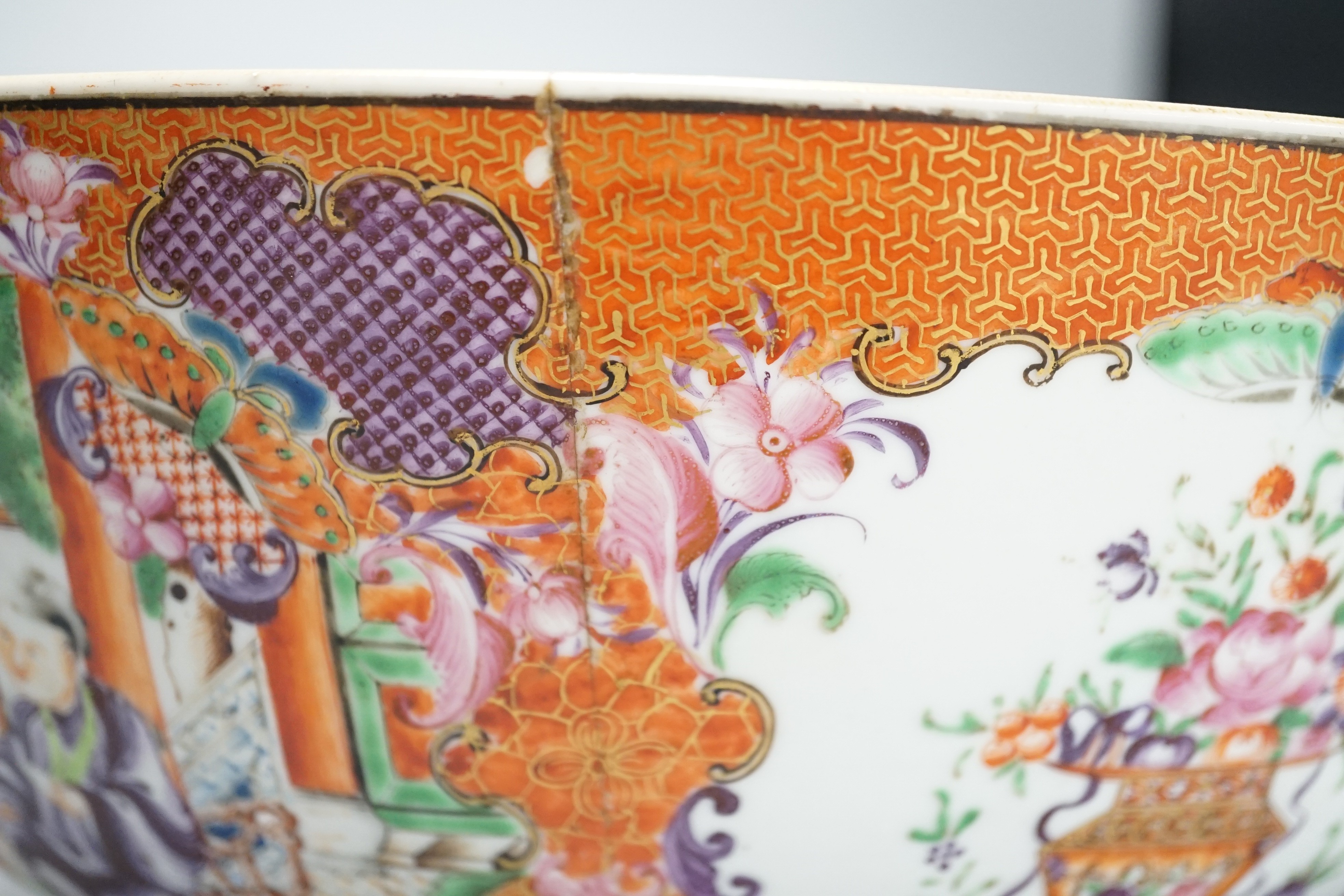 An 18th century Chinese export mandarin pattern porcelain bowl with hardwood stand 28.5cm diameter